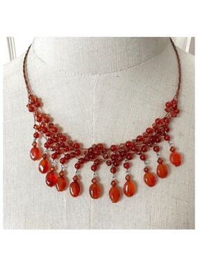 🌿 Boho Carnelian Orange Crystal Fringe Statement Necklace Beaded Toggle